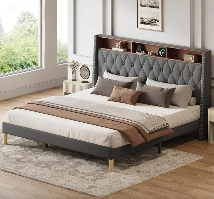 WLIVE King Size Upholstered Bed Frame with 48'' Tall Wingback Headboard, Velvet Square Tufted Platform Beds with Charging
