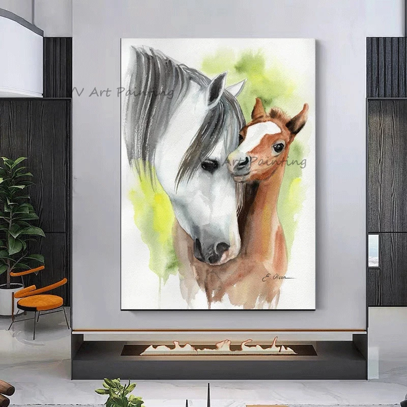 Handmade Palette Knife Equine Artwork, Loving Mare And Baby Horse Painting, Rustic Living Room Wall Decoration