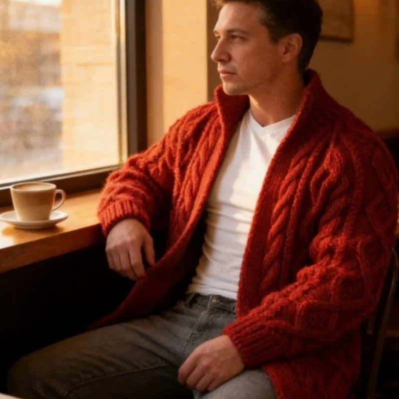

Mens Heavyweight Cable Knit Jacquard Cardigan - Mandarin Collar Long Sleeve Casual Sweater for Daily Wear