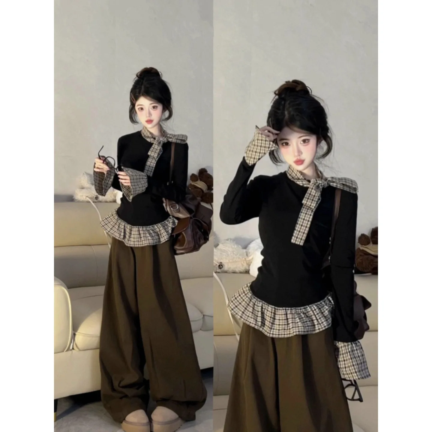 

2025 Fall New Arrival | Women's Faux Two-Piece Plaid Paneled T-Shirt - Slim-Fit Long Sleeve Inner Wear Ins Hot Seller