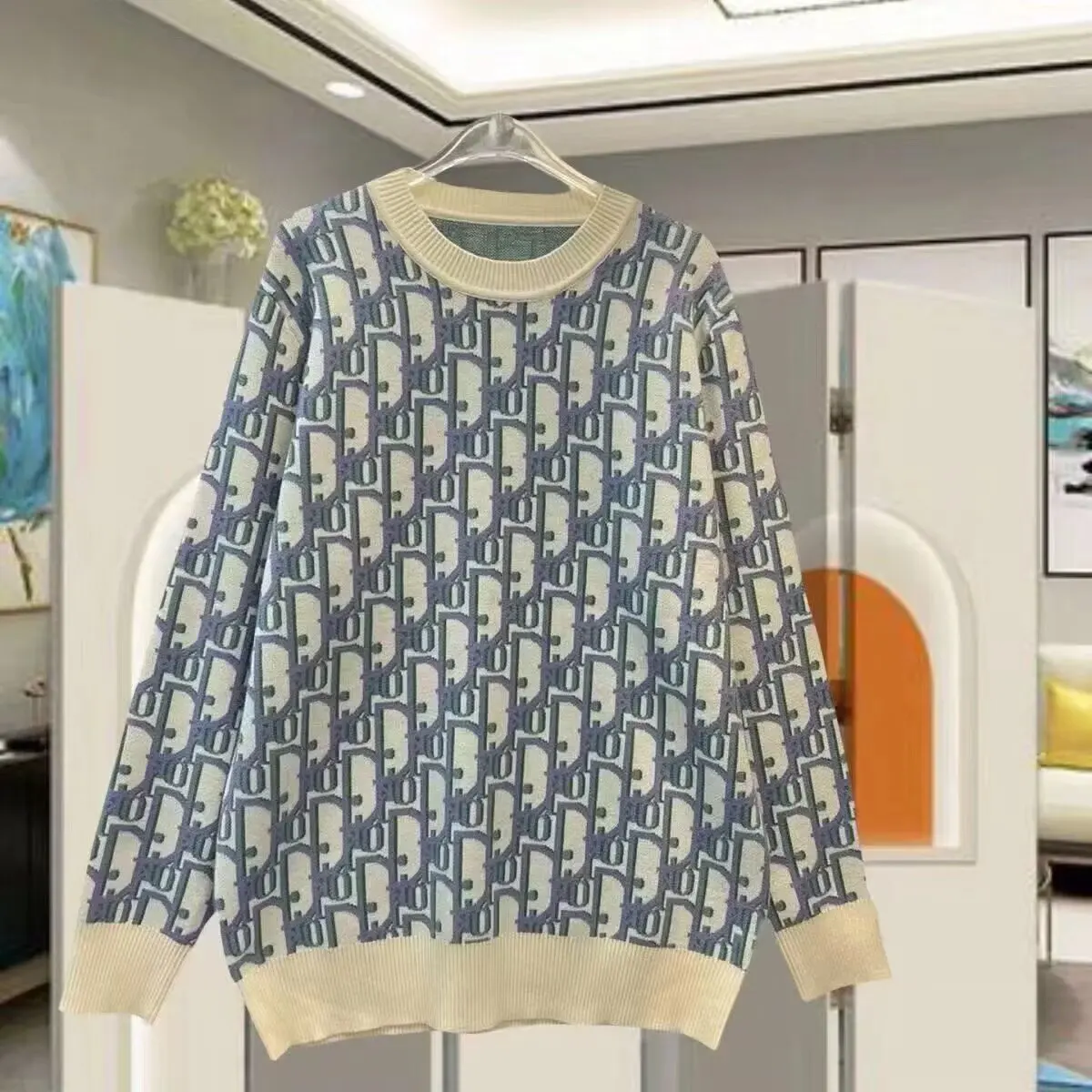 العصرية العلامة التجارية الخريف الشتاء زوجين الرجعية طباعة كاملة رسالة جولة الرقبة طويلة الأكمام سترة المرأة عارضة فضفاض محبوك أعلى