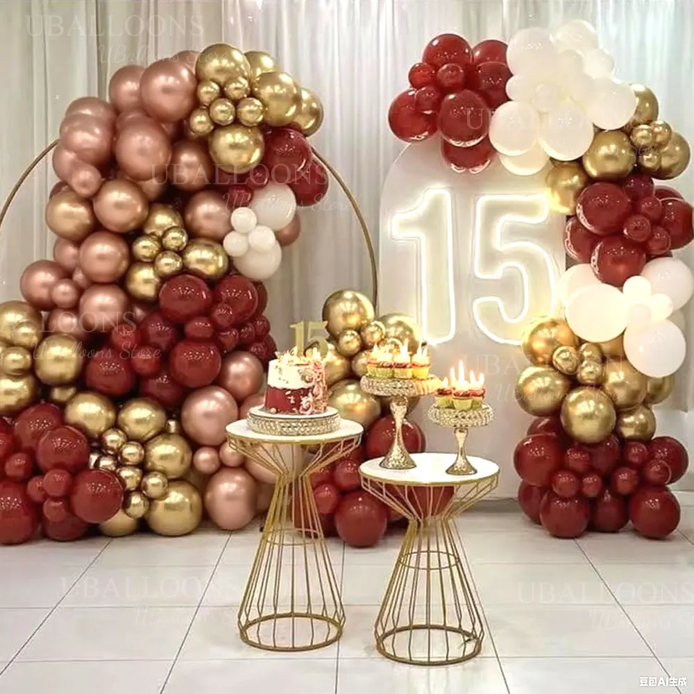 Burgunderrote Roségold-Luftballons, Bogen-Set, Metallic-Gold, Weiß, Burgunder-Luftballons, Girlande für Geburtstag, Hochzeit, Baby, Brautparty, Dekoration – Detail 5