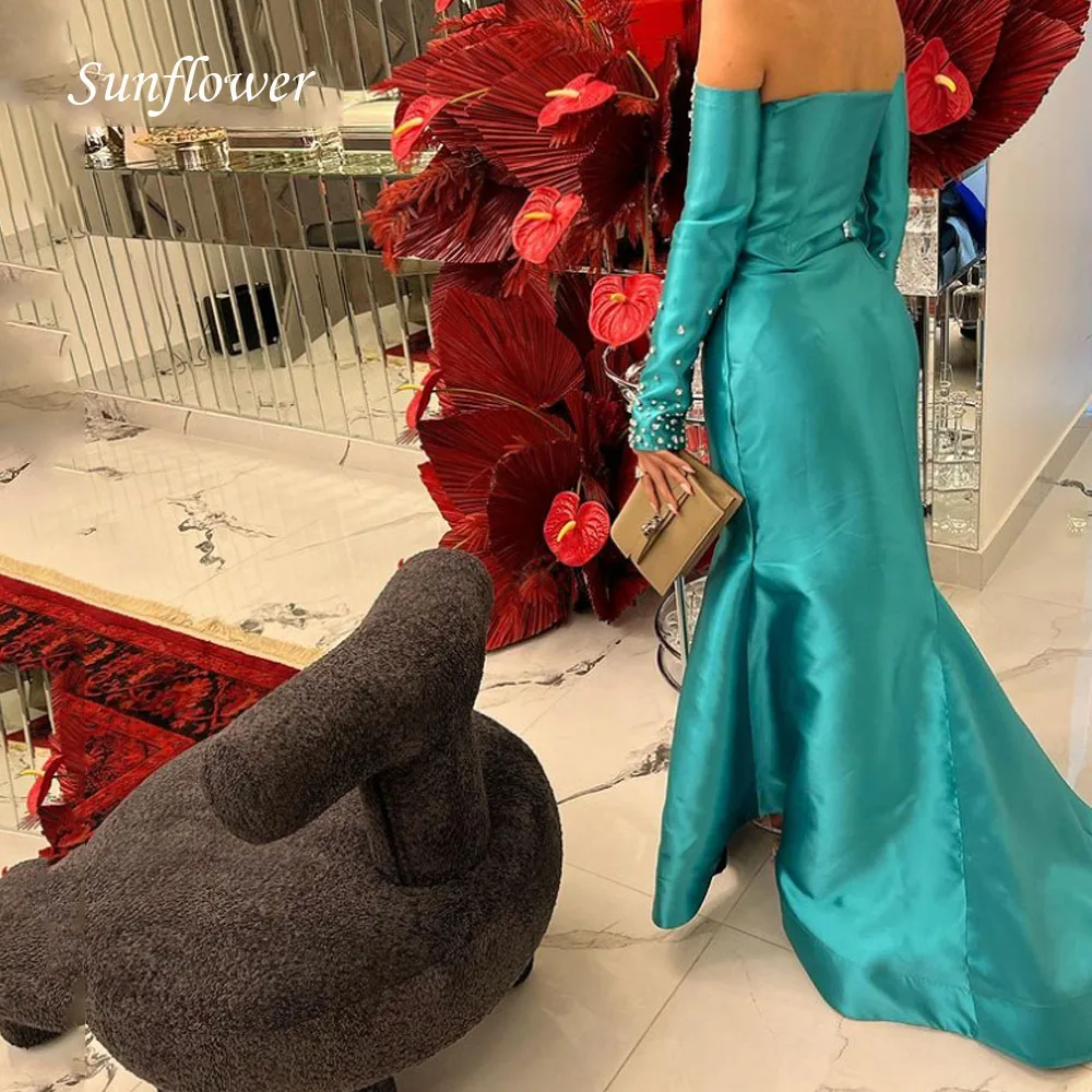 Sunflower Boat Neck Prom Gown Mermaid Long Sleeve Evening Dress Slim Beading Satin Floor-Length Party Dress 2023 High-end Custom