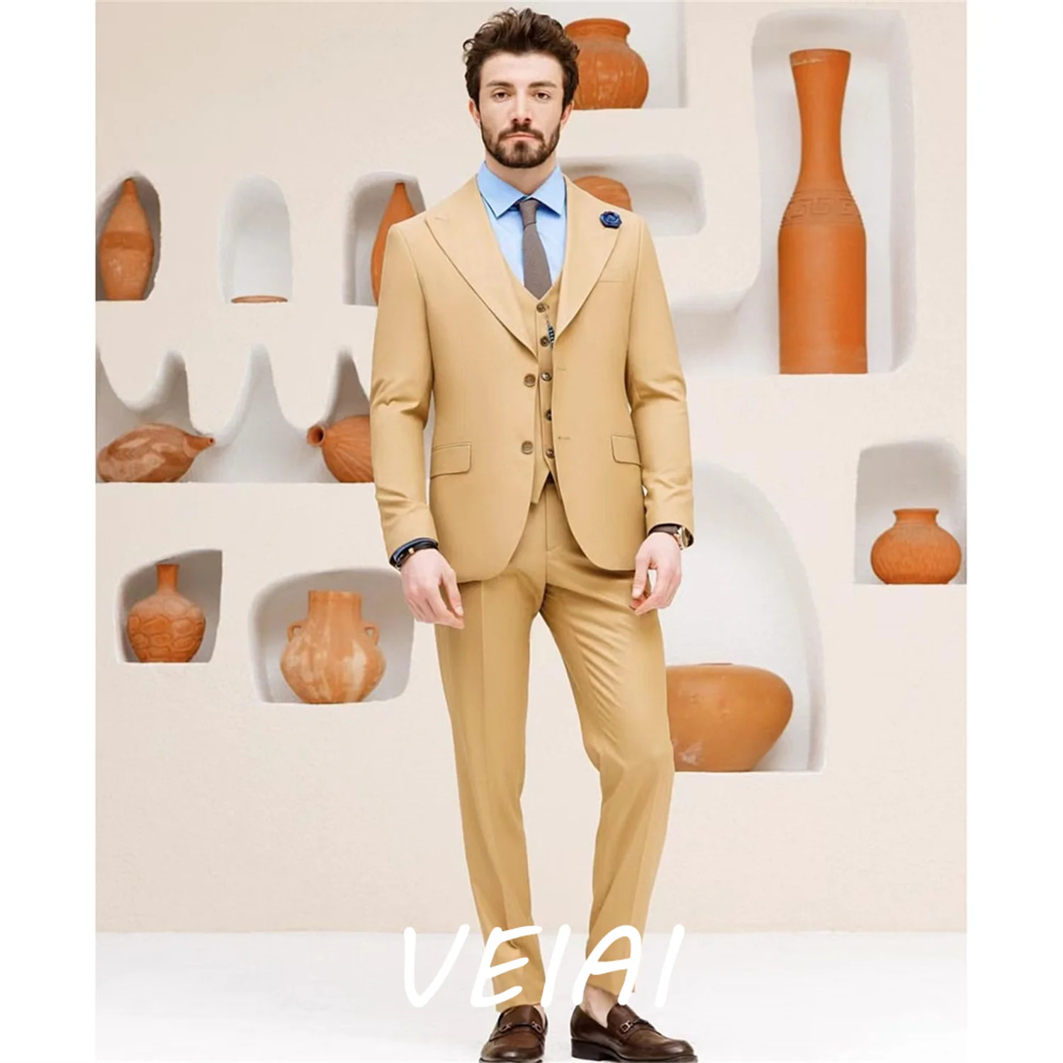 

Customized New Style Wedding Men Light Tan Peak Lapel Suits Business Casual Formal Costume Homme Slim Fit 3 Pcs Set Jacket Vest