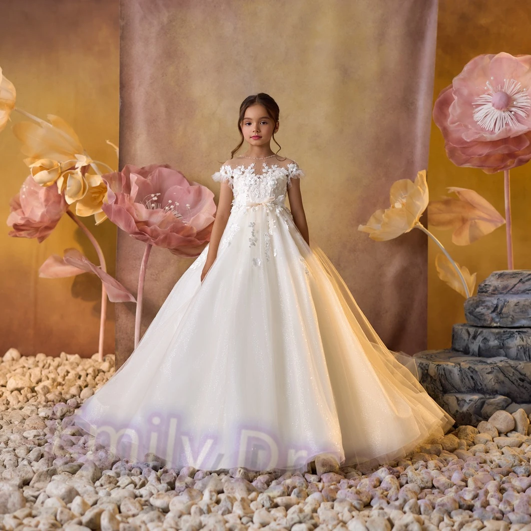 カスタマイズされたアイボリーフラワーガールドレス結婚式用チュールアップリケノースリーブレースふくらんガウン誕生日パーティー初聖体ドレス