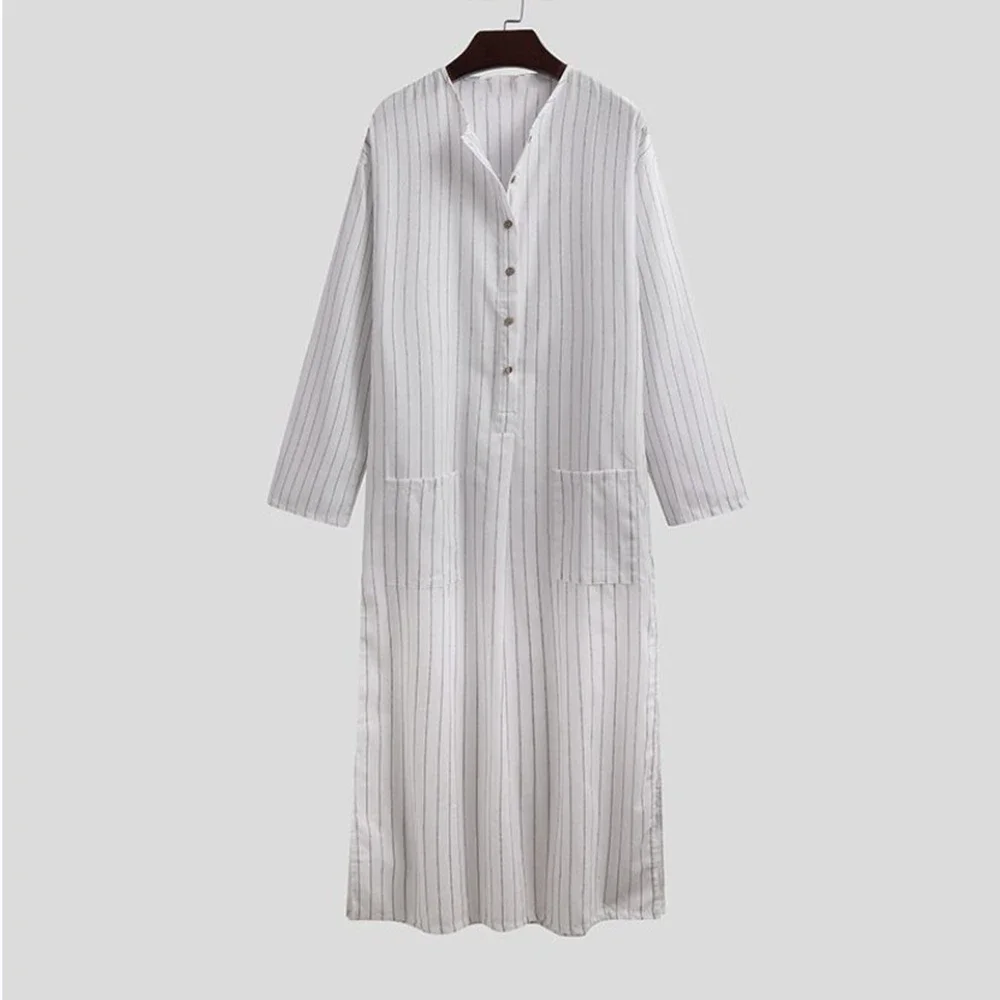 YUFEIDA Men Robes Kaftan Muslim Arab Islamic Vintage Long Sleeve Striped Thobe Muslim Kaftan Loungewear Plus Size Arabia Abaya