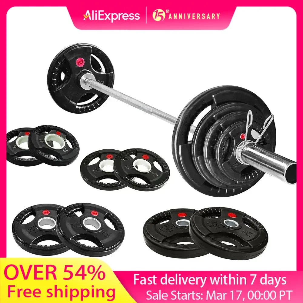 Cast Iron 2-Inch Weight Plates Including 7FT Barbell, 130-Pound, 300-Pound or 325-Pound Set, Multiple Packages