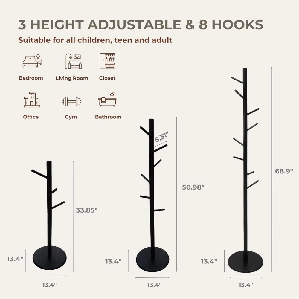 appendiabiti e supporto in legno massello, appendiabiti autoportante con 8 ganci e 3 altezze regolabili, perchero, porta cappelli, appendiabiti