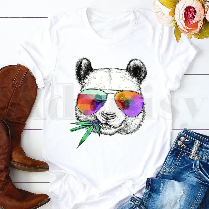 

Funny Cartoon Causal Panda Graphics Cute Kawaii Short Sleeve Female Tops Tees Harajuku VintageT Shirts Women's T-shirt