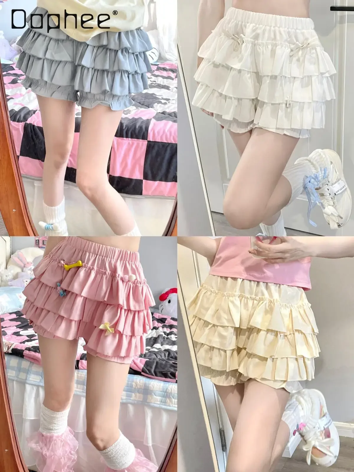 Japanese Style Tiered Skirts Pumpkin Pants Solid Color Elastic Waist Ruffle Cake Skirt Girl Y2k Kawaii Harajuku Short Skirt