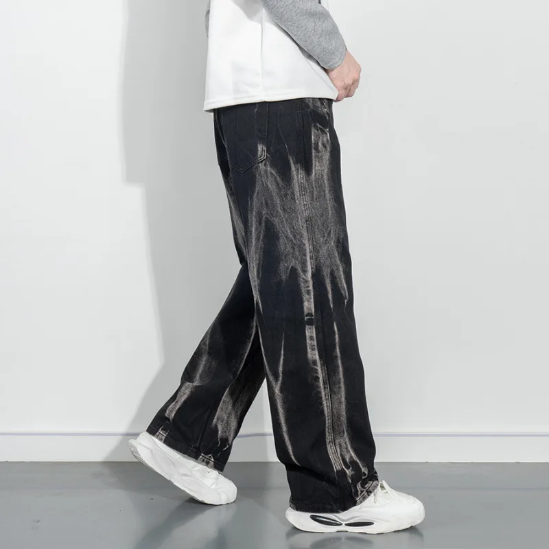 타이다이 레트로 청바지 소년 및 청소년용, 루즈 와이드 레그 팬츠, 아메리칸 스트리트 훌리건 멋진 블랙 롱 팬츠