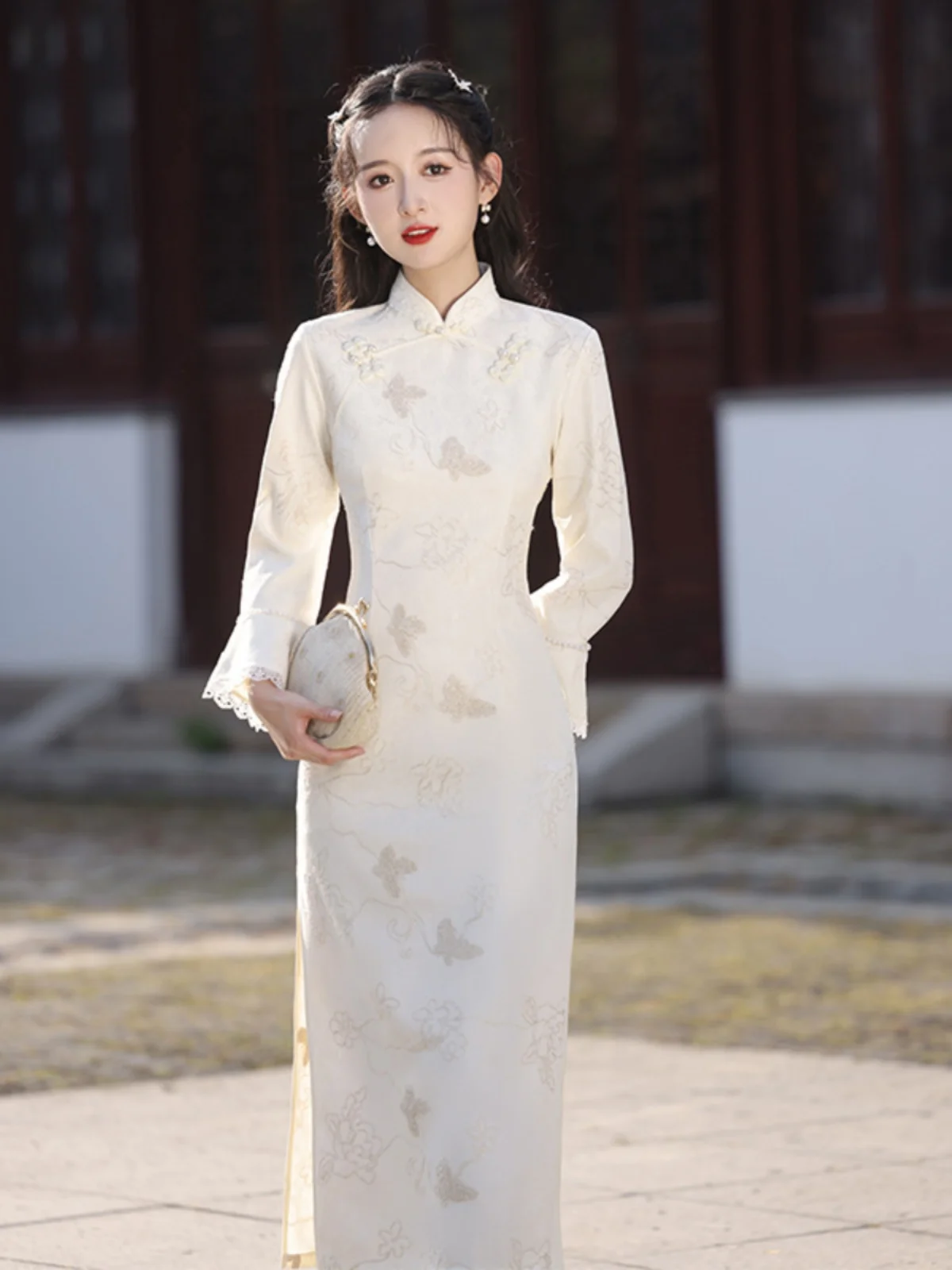 

Su Hong New Autumn Winter Young Sle Long Sve Simple Elegance Women's Dr Retro Sle Long Low Slit Daily Wear