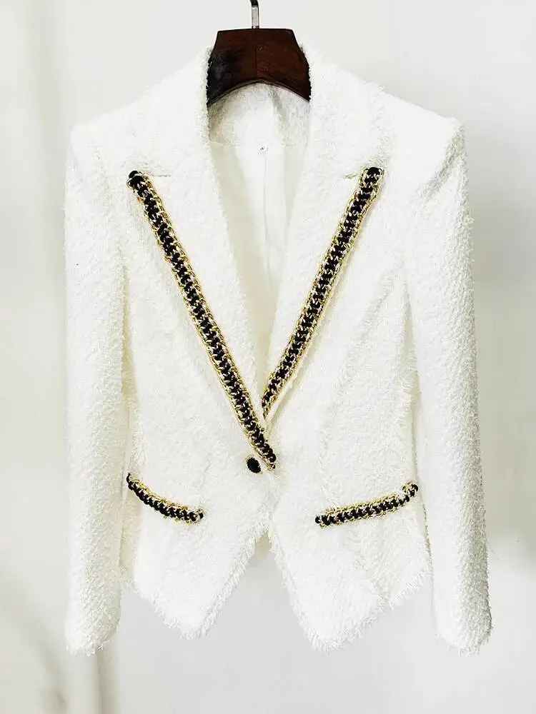 HIGH STREET Newest Fashion 2025 FW Desinger Blazer Women's Single Beading Chains Embellished Fringed Tweed Jacket
