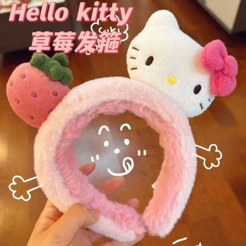 

New Mingchuang Cute Strawberry Hello Cat Hair Band Pink Girl Plush Facial Shampoo with Facial Mask 3D Cat Hair Clip Female