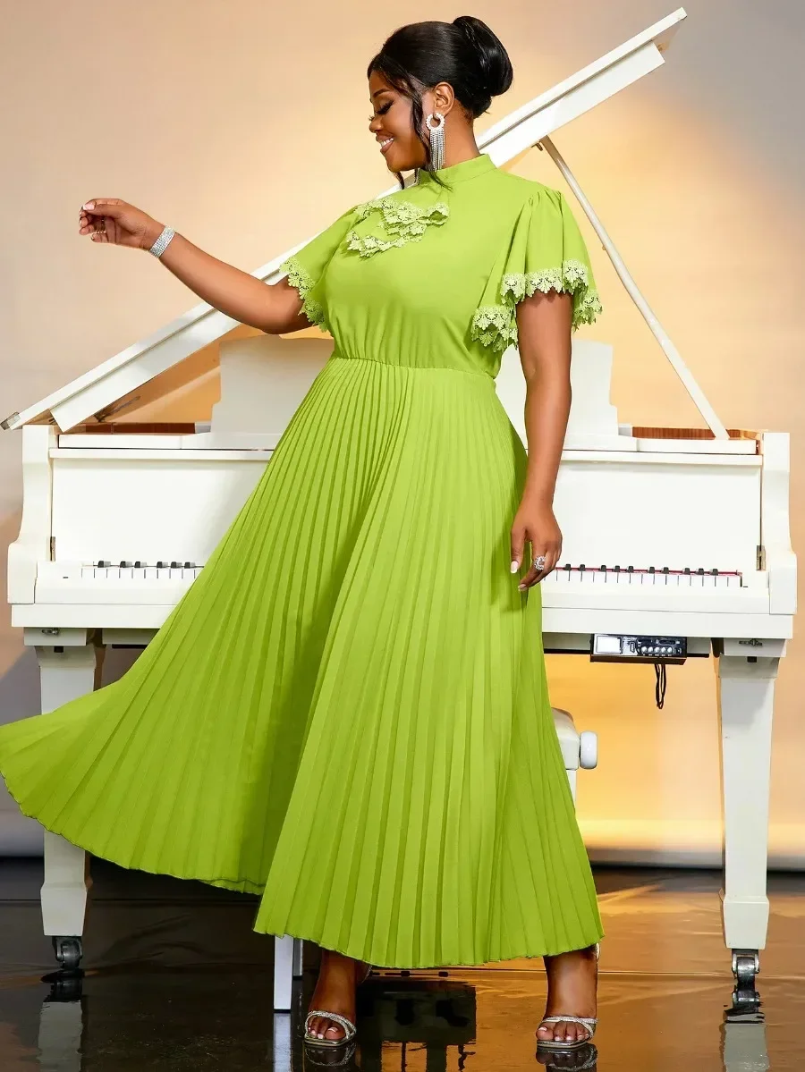 Elegant Women Green Pleated Party Dress High Collar Bowtie Short Butterfly Sleeve High Waist Long A-Line Church Gowns Plus Size