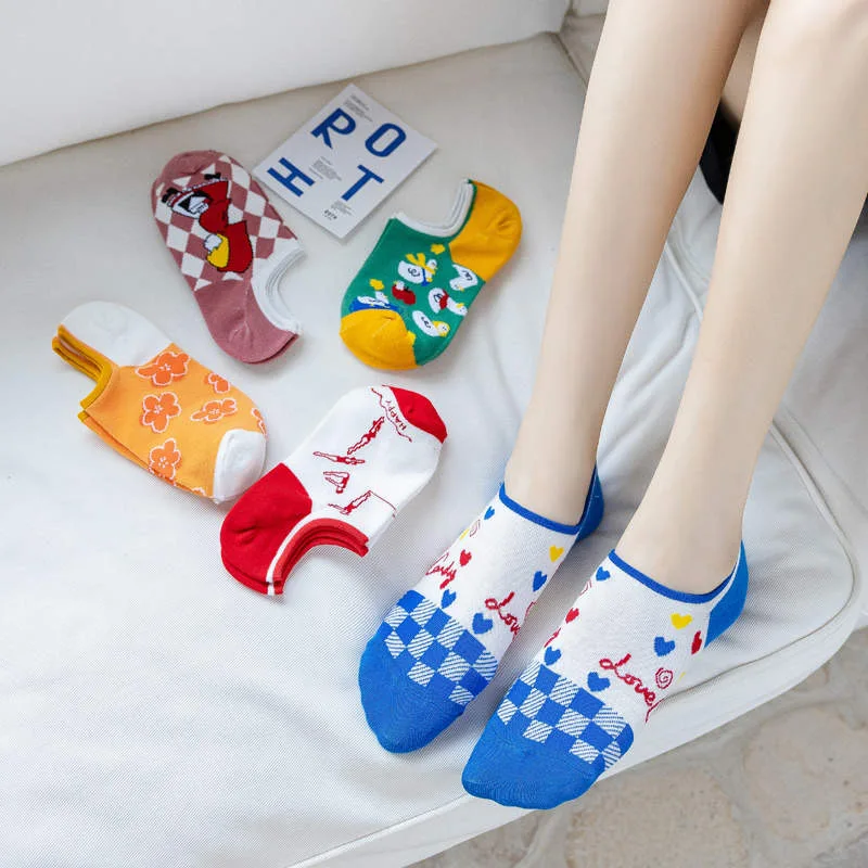 

5 Pairs Women's Socks Set Illustration Cartoon Cute Kawaii Invisible Shallow Mouth Comfortable Breathable Cotton Ankle Socks