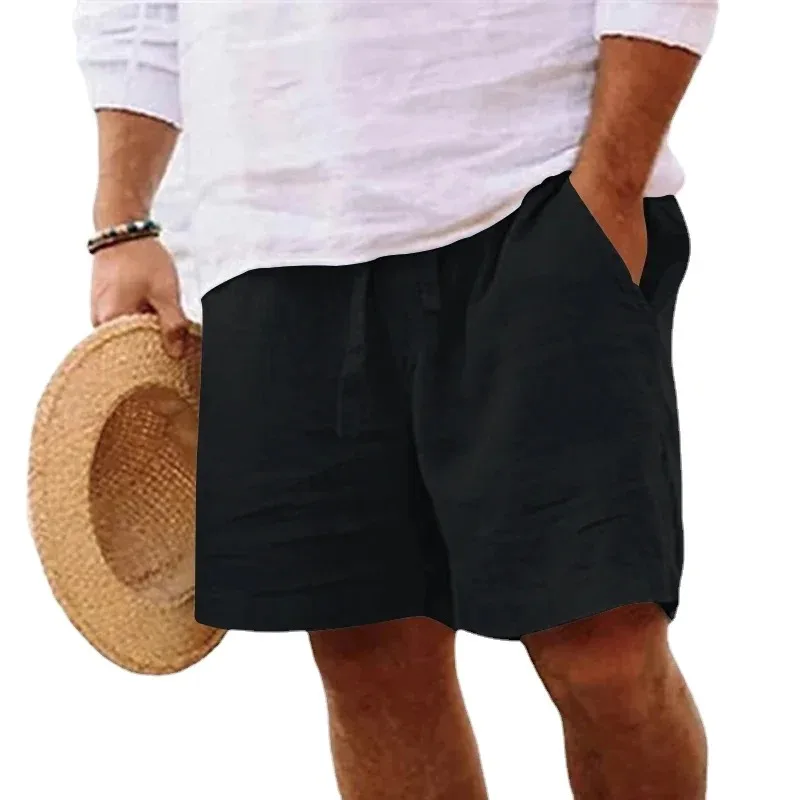 Summer Mens Linen Solid Color Short Lightweight Gym Pants Cotton Beach Shorts Men Fitness Sport Large Breathable Short Homme