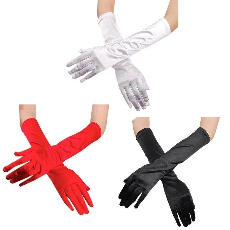 Women Long Satin Dress Gloves Flexible Spandex Classic Colors for Prom Evening Party Costume Cosplay