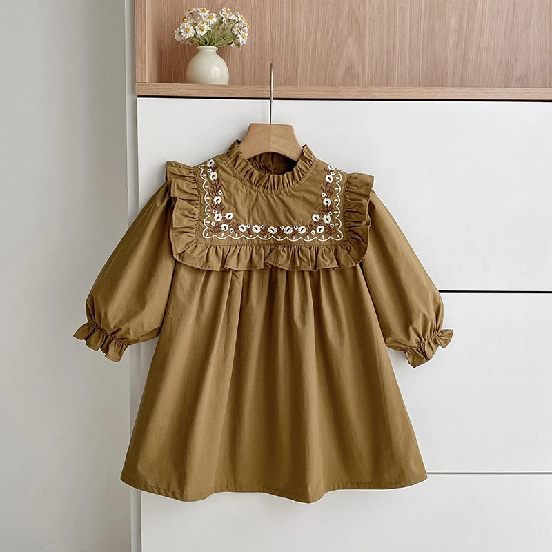 Girls Long Sleeve Dress Vintage Floral Embroidery Ruffle Collar Cotton A‑Line Dress Kids Autumn Casual Princess Party Dress