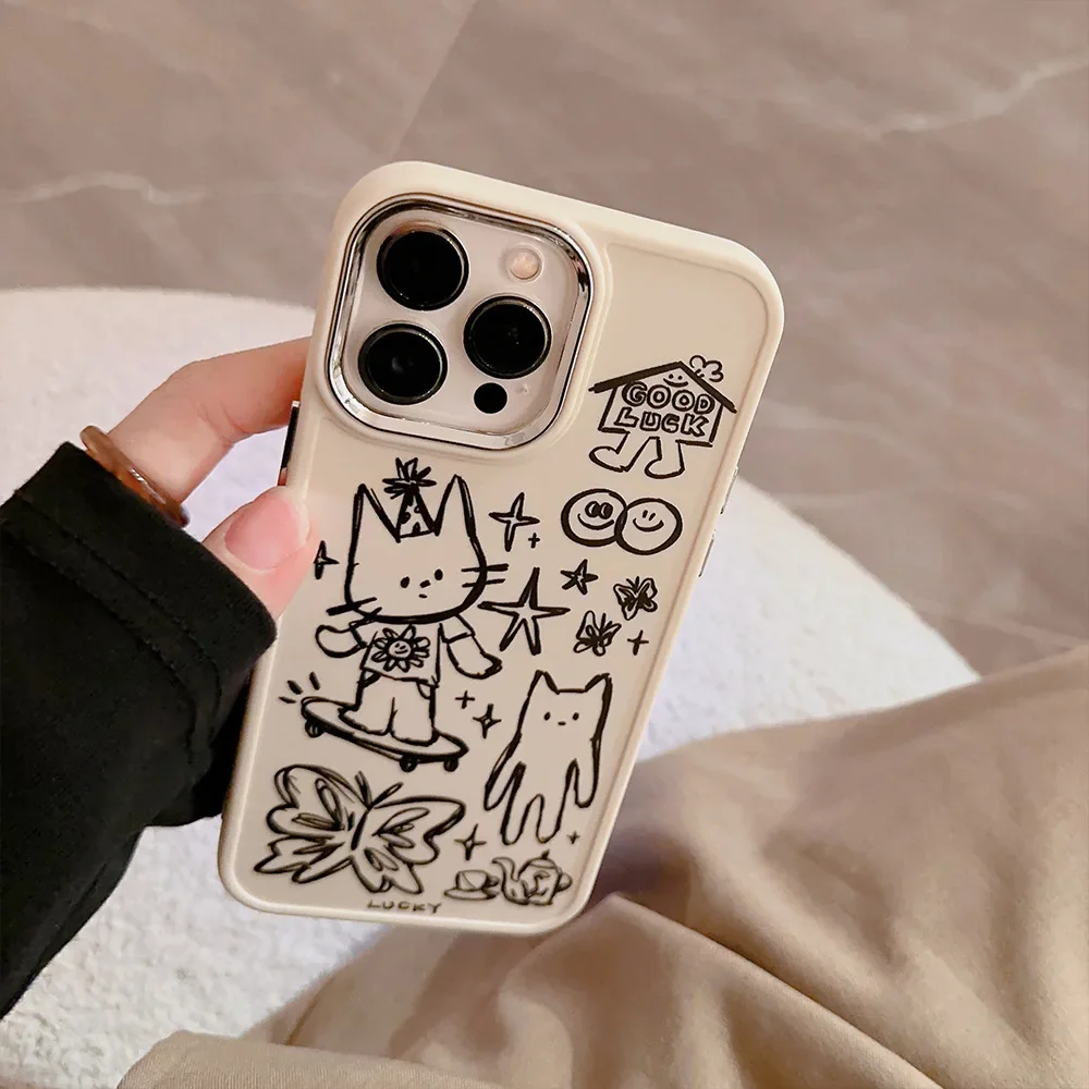 Catoon Hand Drawn Line Draft Cat Phone Case for IPhone16 15 14 12 13 11 Pro ProMax Plus X XR Shockproof Phone Cover