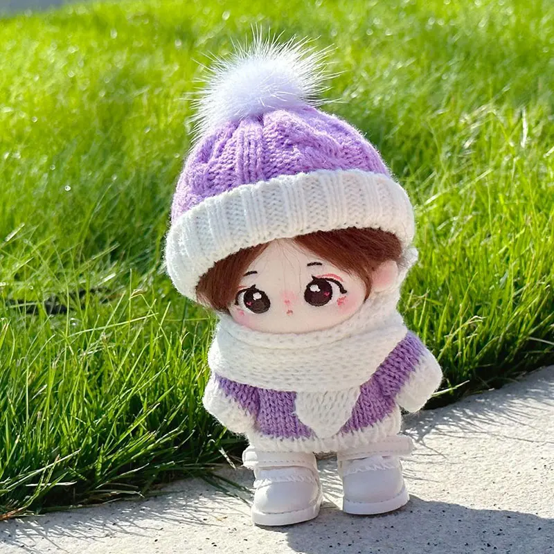 

10 см плюшевая игрушка, одежда для куклы, модный милый фиолетовый свитер, вязаная шапка, шарф, обувь, повседневный комплект, плюшевая кукла, красивые аксессуары, игрушка
