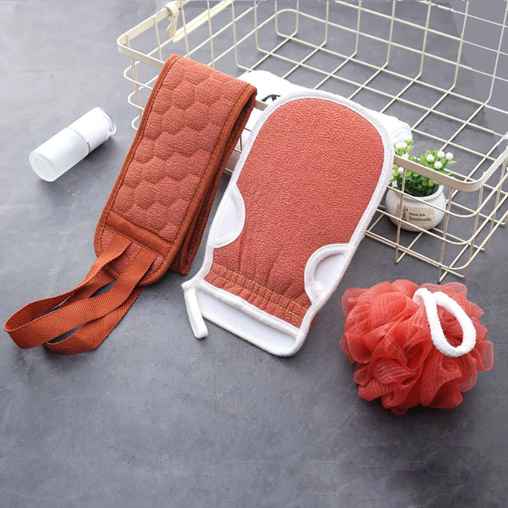 3pcs/Set Bath Towel Gloves Bath Flower Thickened Stain Removal Combo Set Household Long Strip Back Rubbing Towel