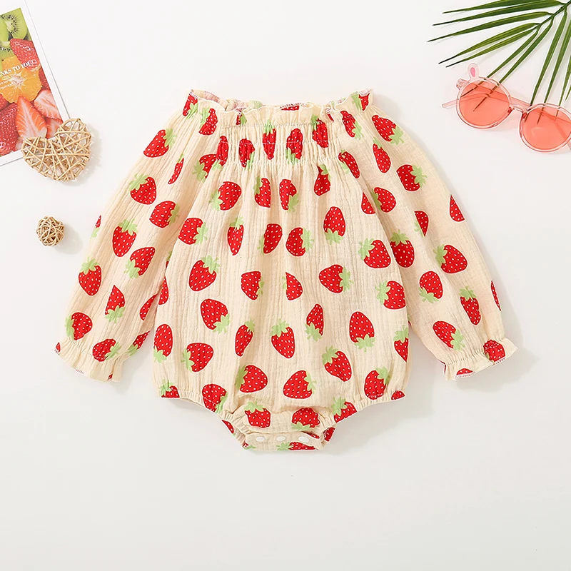 Cathery Cute Autumn Baby Girl Casual Romper Strawberry Print Ruffles Off Shoulder Long Sleeve Cotton Bodysuit Overalls Clothes