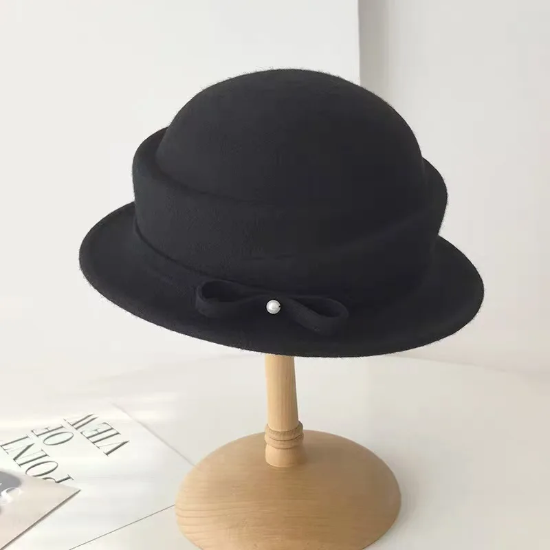 جديد 100% قبعة صوف جرس قبعة المرأة الفرنسية أنيقة الرجعية هيبورن الخريف والشتاء المشاهير اللؤلؤ الصوف ورأى قبعة بحافة #2