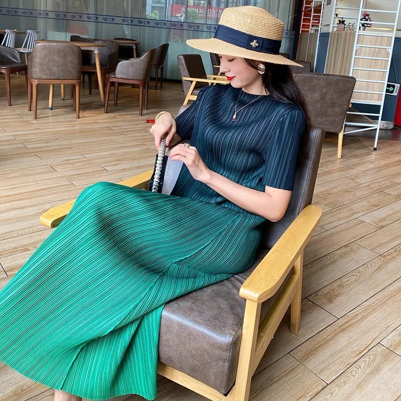 Classic Japanese Pleats Please Pleated Gradient Color Plus Size Issei Long Dress For Women Elegant Top Skirt One Piece Clothes