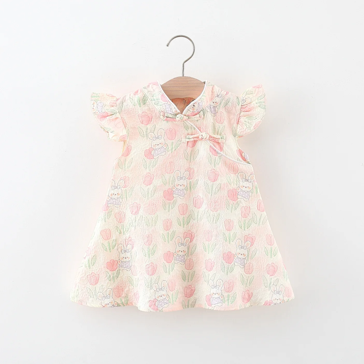 

Летнее розовое платье для девочек в китайском стиле, платье-ципао с милым принтом тюльпанов и кролика, с рукавами-крылышками, детская одежда