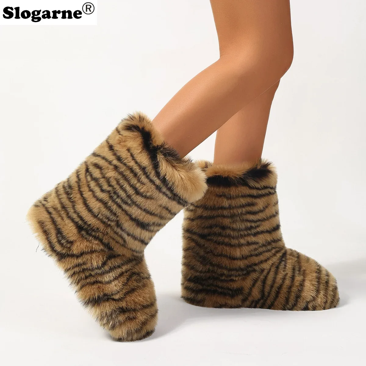 Women Fashion Faux Leopard Fur Boots Ladies Winter Y2k Furry Cute Leopard Snow Boots Artificial Tiger Fur Shoes Warm Plush Shoes