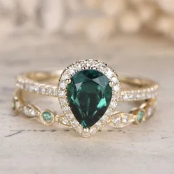 European and American fashionable and atmospheric water droplet zircon inlaid women's two-piece emerald ring set