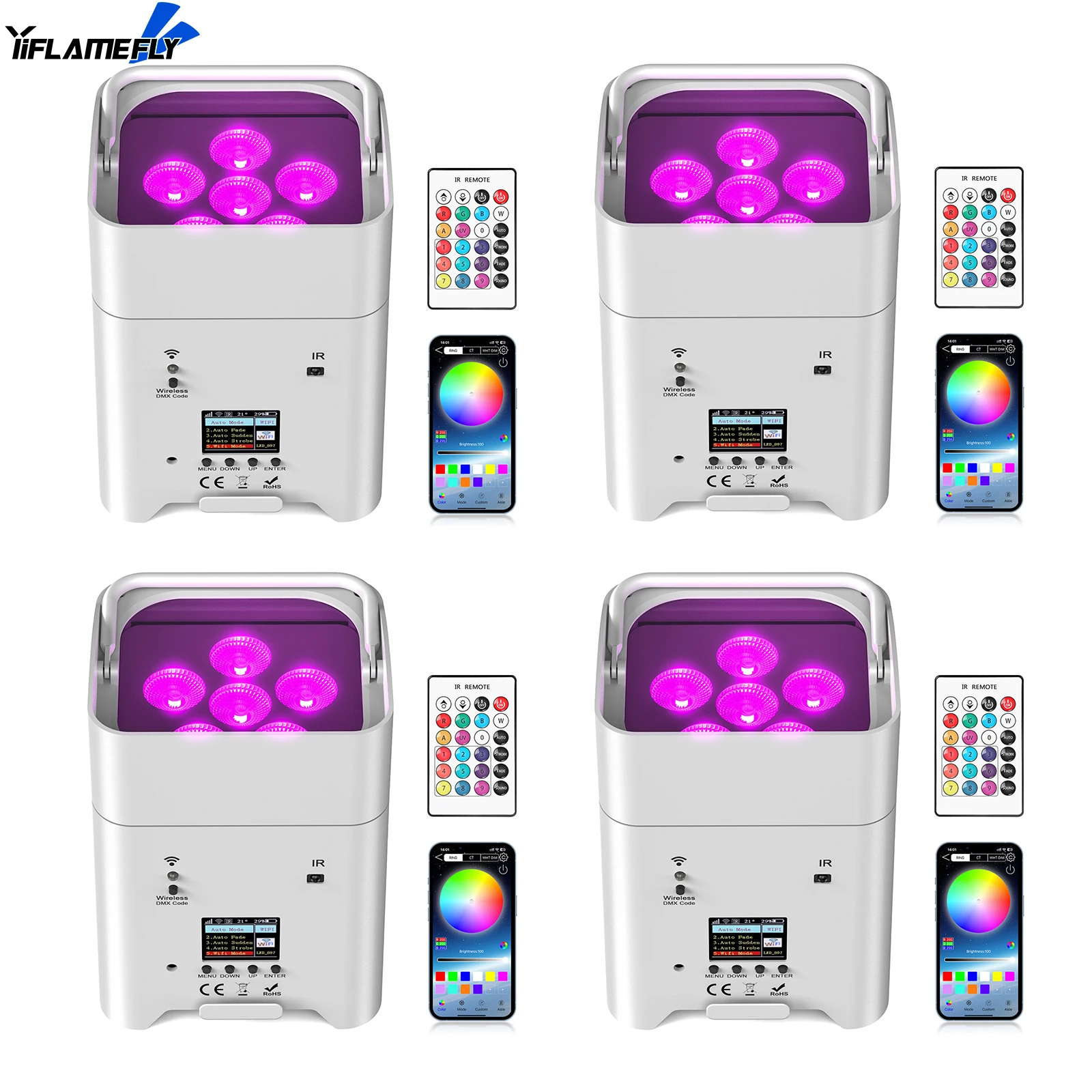 

Yiflamefly 4 шт. 108 Вт Par Lights Беспроводные шоу-светильники 6 в 1 RGBW УФ-светодиодный светильник DMX512 для свадебной вечеринки DJ KTV Бар Ночной клуб