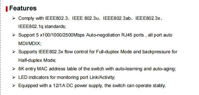 

5 портов, 100/1000/2500 Мбит/с, 2,5G, неуправляемый Ethernet-коммутатор, поддержка входа постоянного тока 5-20 В