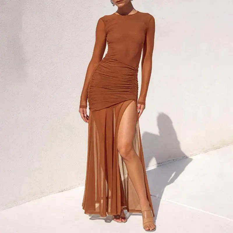 فستان نسائي جديد لعام 2025 برقبة دائرية وأكمام طويلة شبكي بفتحة عالية، تنورة طويلة عصرية وأنيقة #2