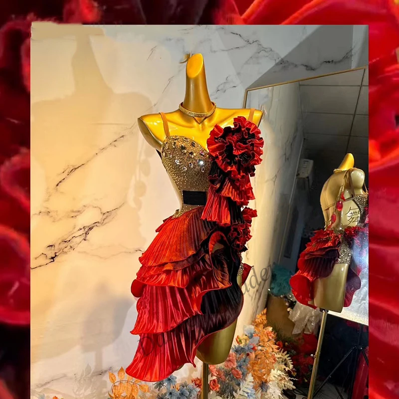 Vêtements de concours de danse latine, haut de gamme, personnalisé, professionnel, Cha Cha Tango, vêtements de concours de danse, jupe ondulée de carthame