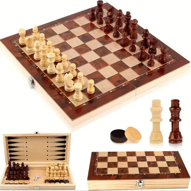 Set di giochi di strategia in legno 3 in 1 Scacchi, dama, backgammon combinato in edizione standard con pezzi per adulti e adolescenti