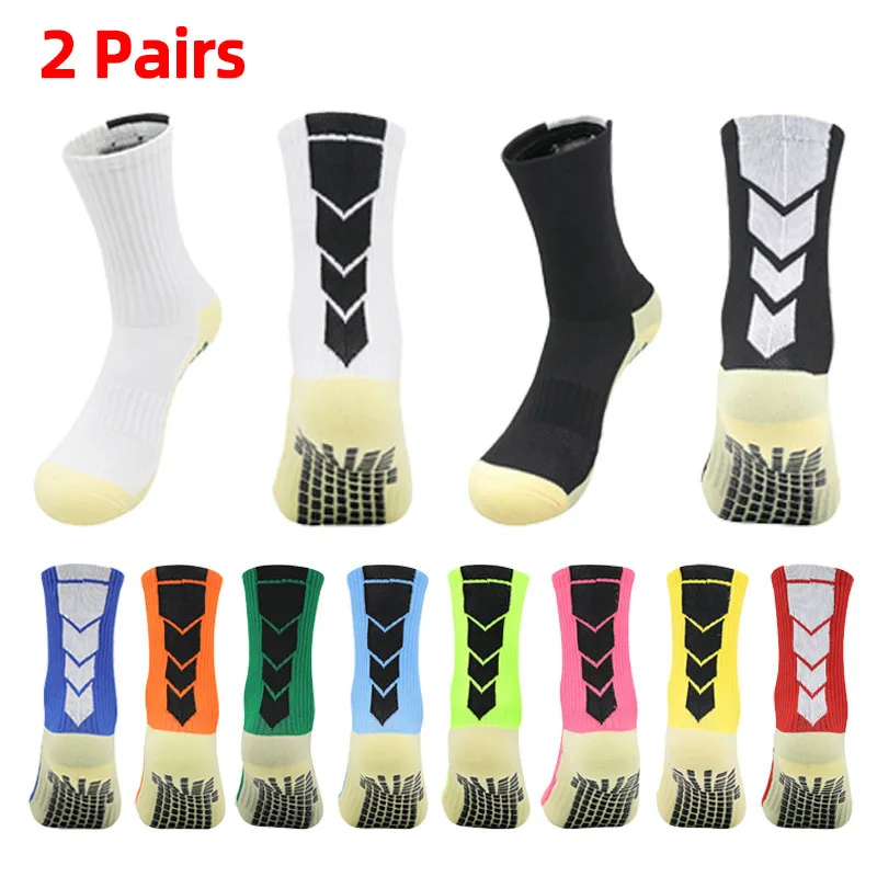 

New Coming Anti Slip Soccer Socks Adults Men Non Slip Grip Socks Football Baseball Towel Bottom Mid-Tube Sport Socks 2 Pairs