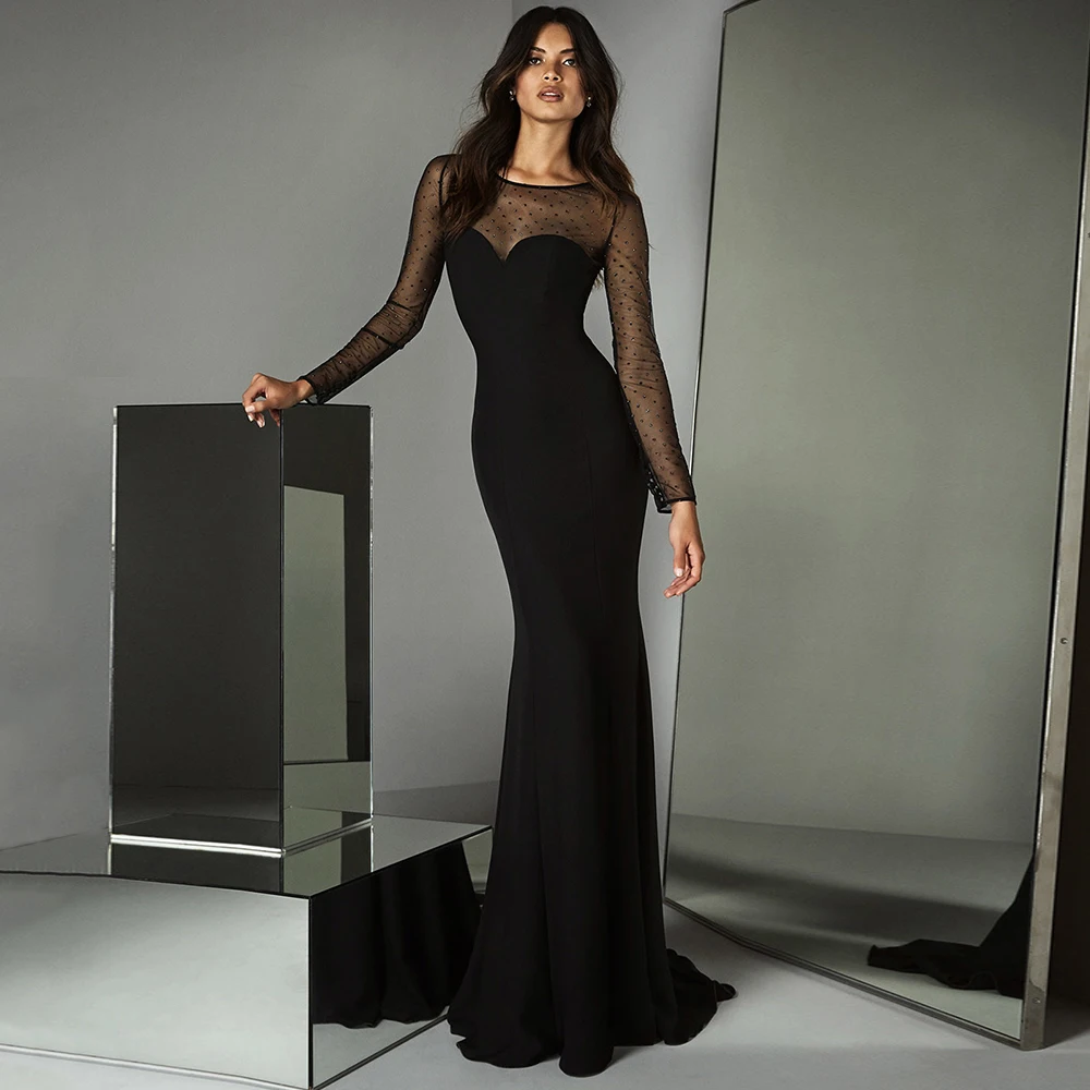 

Black Mermaid Mother of the Bride Dresses Jewel Neck Illusion Wedding Guest Dress for Women