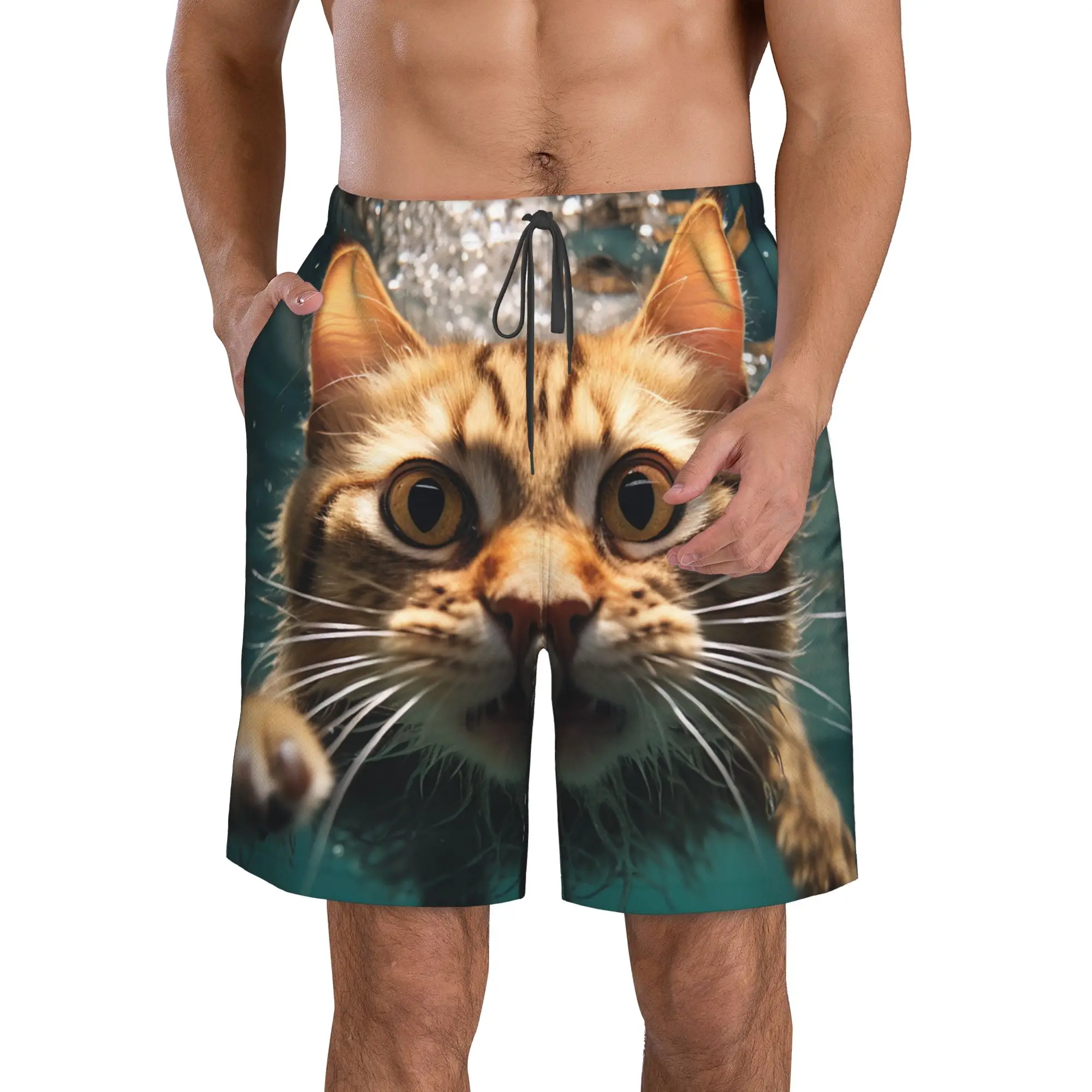 Orange Cat Swimming In The Water Trunks Beach Board Shorts Casual Quick Dry Swim Summer Men Pants