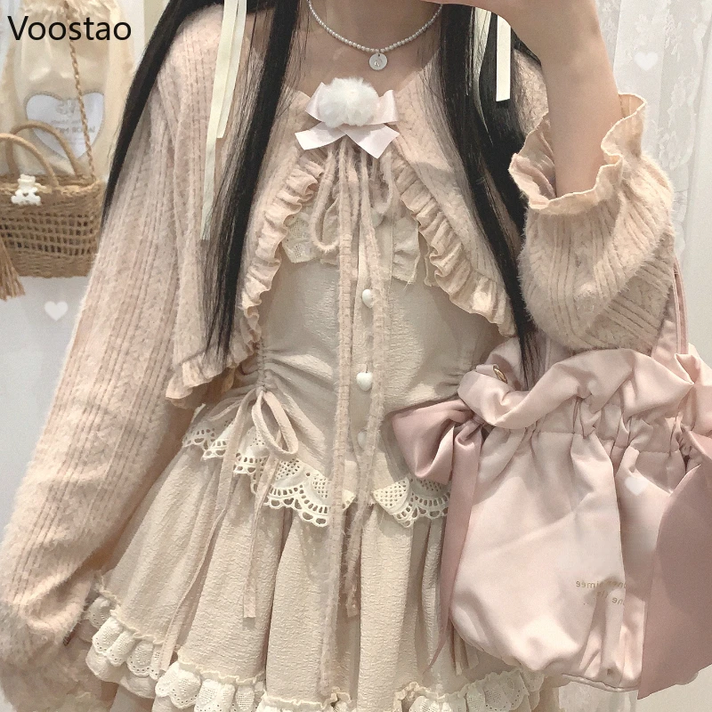 Japanese Kawaii Lolita Cardigan Women Vintage Sweet Ruffles Lace-Up Long Sleeve Sweater Crop Tops Soft Girls Knitted Shawl Coat