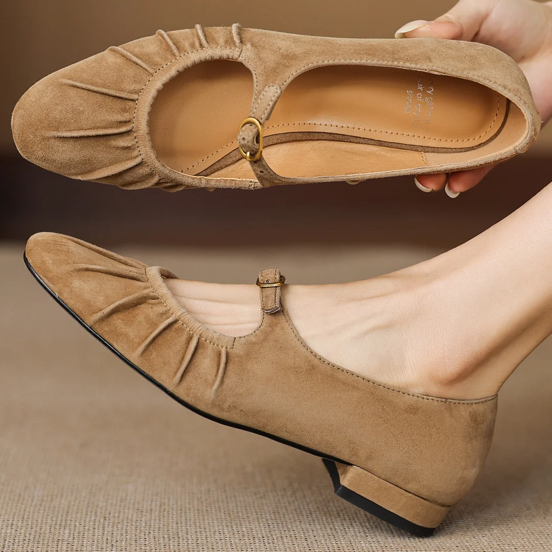 

danxuefei women's natural suede leather pleated round toe metal buckle Mary Jane flats high quality soft comfortable daily shoes