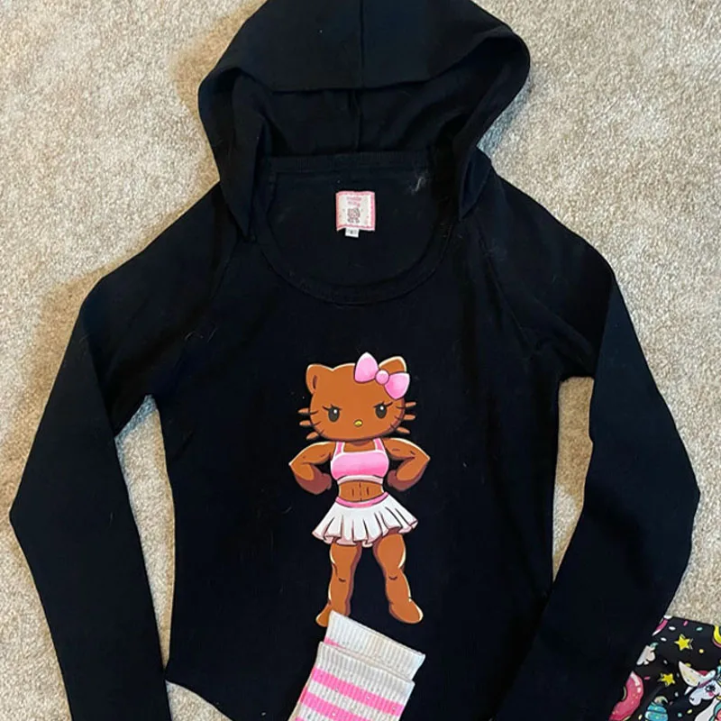 

Kawaii Slim Funny Fitness Muscle Hello Kitty Girls Hooded Fashion Sanrios Black Skin Kt Cat Long-sleeved Sweatshirt Tops Clothes