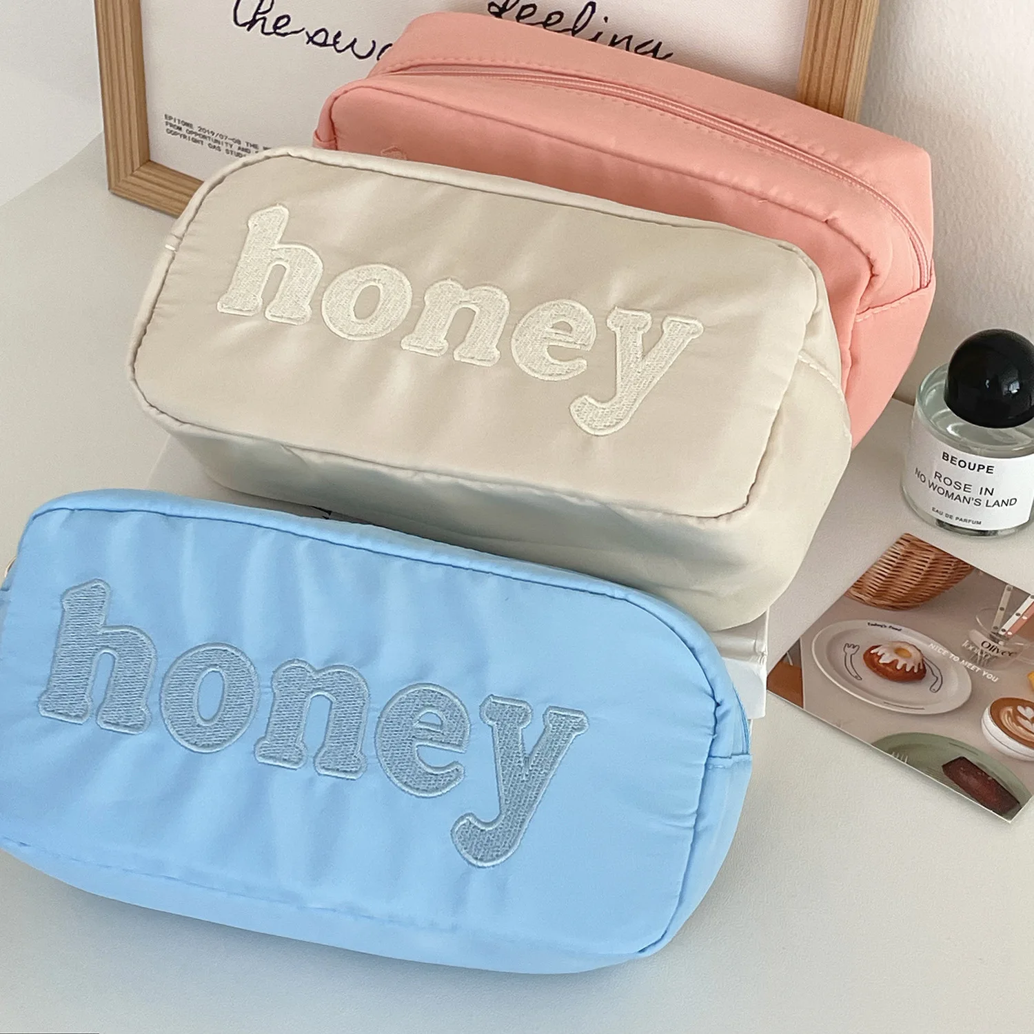 Nylon Cosmetic Bag for Women Portable Letter Embroidered Storage Bags Female Makeup Case Large Capacity Girls Travel Wash Bag