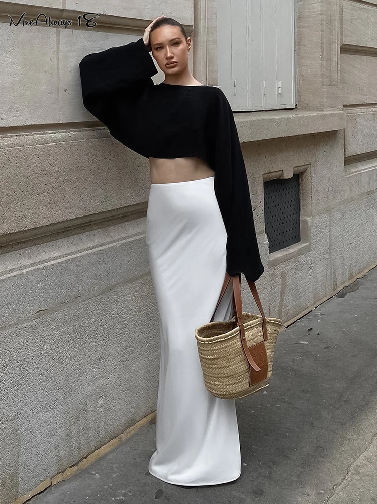 

Mnealways18 Elegant High Waist White Trumpet Skirts Women Street Chic Satin Long Skirts Floor-Length Silk Skirt 2024 Office Lady