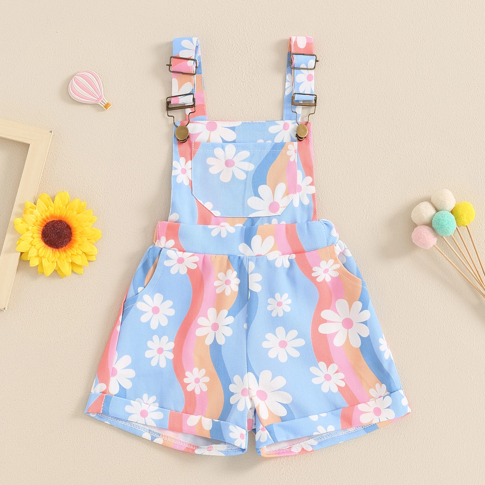 BeQeuewll Fashion Toddler Girls Overalls Cute Daisy Print Sleeveless Straps Buttons Pockets Shortall Romper Summer Kids Jumpsuit