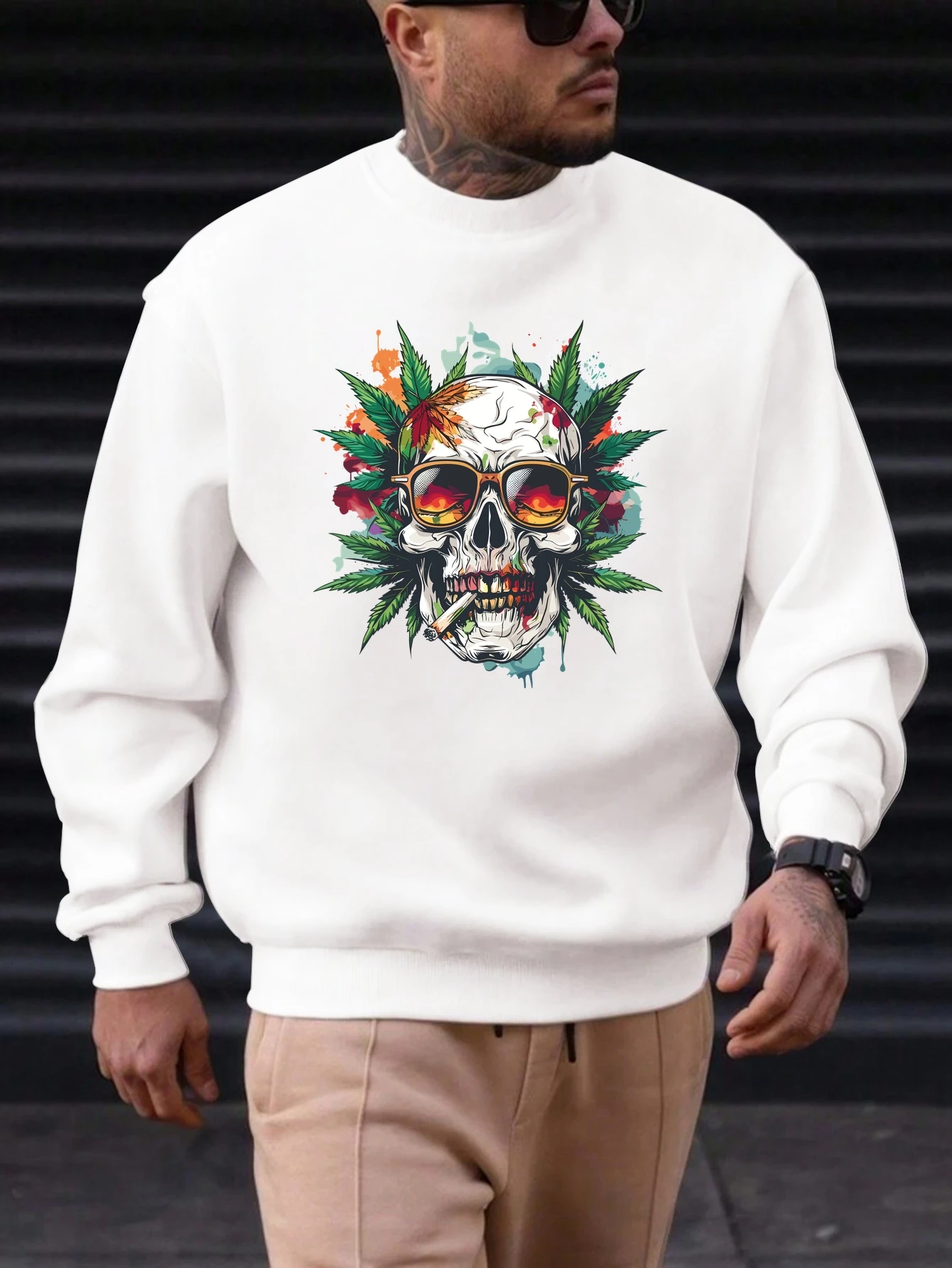 

Men's Skull Sunglasses Cigarette Crew Neck Sweatshirt Leaf Smoke Art Graphic Punk Retro Streetwear Trendy Cotton Fall Pullover
