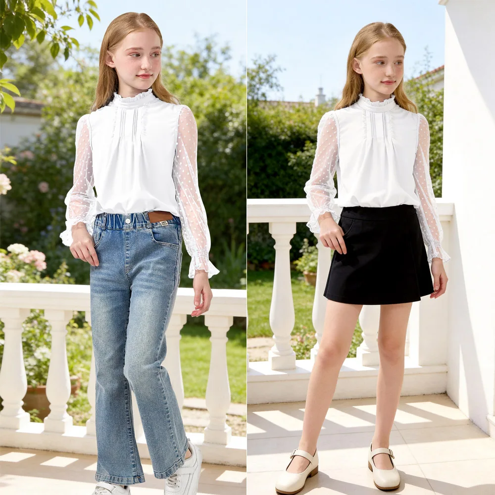 LOlanta Girls Long Sleeve Shirts Chiffon Blouses with Polka Dot Ruffle Cuffs Cute Frill Neck Tops for Girls Spring Fall 7-13Y