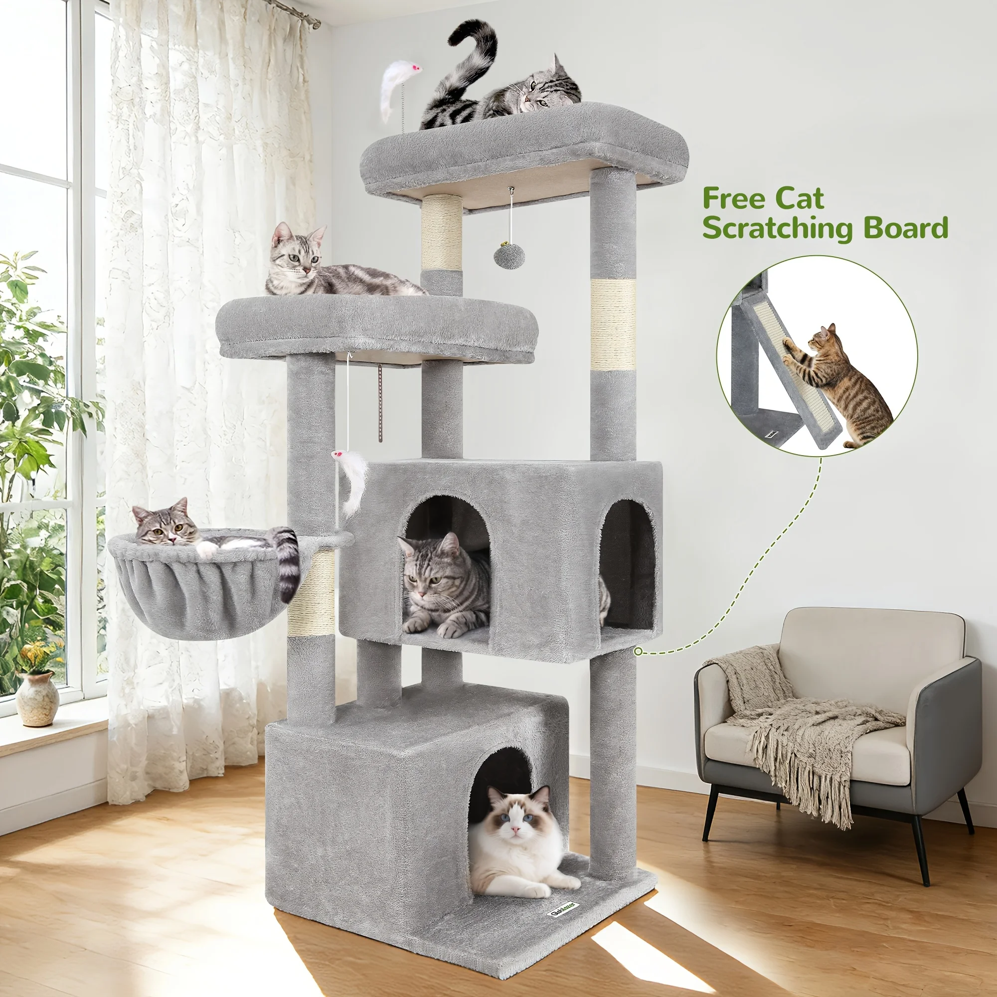 

Cat Tree Tower with Scratching Post for Indoor Cats, 55Inch Tall Plush Multi-Level Cat Climbing Tower Condo House with Hanging B