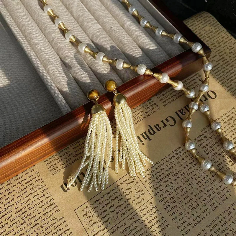 

Natural tiger's eye long pearl stud earrings tassels exaggerated wedding party gorgeous jewelry